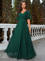 Green Chiffon Lace V-neck Prom Dress