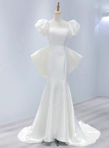 White Mermaid Satin Puff Sleeve Backless Wedding Dress