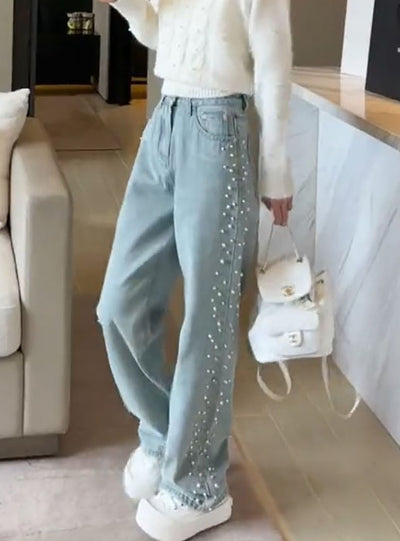 Beaded Wide Leg High Waist Loose Straight Jeans
