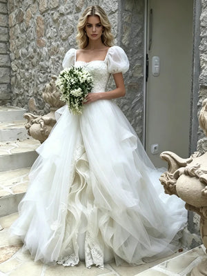 White Tulle Puff Sleeve Lace Wedding Dress