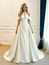 Ivory Satin Halter Pleats Wedding Dress