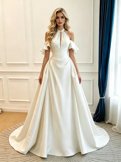 Ivory Satin Halter Pleats Wedding Dress