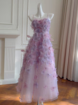 Purple 3D Flower Straps Prom Dress