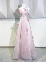 Pink Sequins Halter 3D Flower Prom Dress