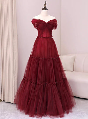 Burgundy Tulle Pleats Beading Off the Shoulder Prom Dress