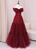 Burgundy Tulle Pleats Beading Off the Shoulder Prom Dress