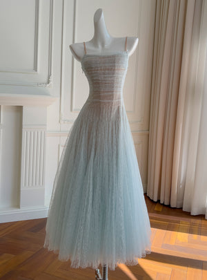 Blue Lace Pleats Straps Prom Dress