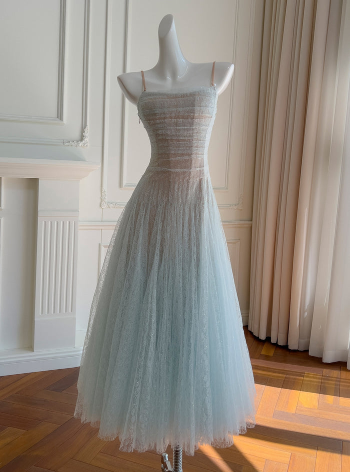 Blue Lace Pleats Straps Prom Dress