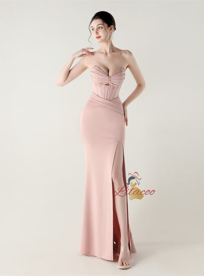 Mermaid Strapless Pleats Beading Prom Dress