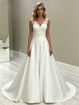 White Satin V-neck Wedding Dress