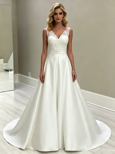 White Satin V-neck Wedding Dress