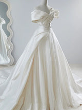 White Satin Off the Shoulder Pleats Wedding Dress