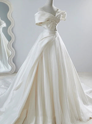White Satin Off the Shoulder Pleats Wedding Dress