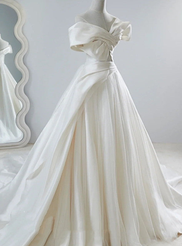 White Satin Off the Shoulder Pleats Wedding Dress