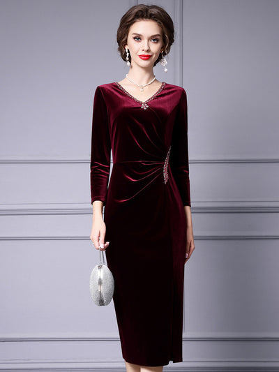 Burgundy Velvet Beading Mother Of The Bride Dress