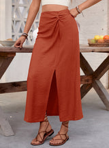 Solid Color Pleated High Slit Skirt