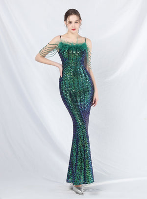 Mermaid Sequins Spaghetti Straps Beading Prom Dress