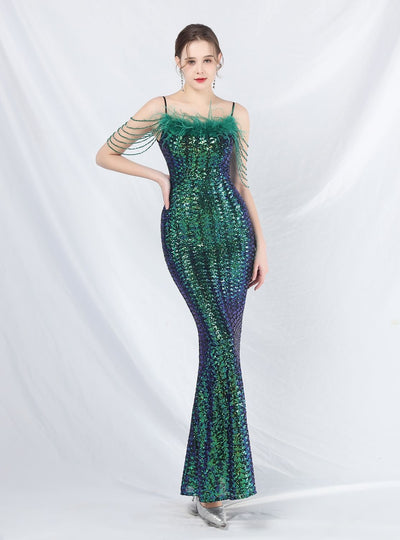 Mermaid Sequins Spaghetti Straps Beading Prom Dress