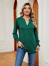 Solid Color V-neck Loose Long Sleeve T-shirt
