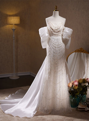 White Mermaid Sequins Pearls Wedding Dress