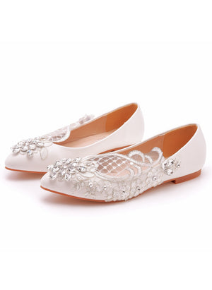 Flat-bottomed Pointed Lace Rhinestone Wedding Shoes