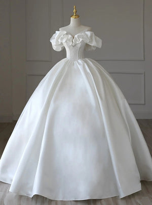 Ball Gown Satin Off the Shoulder Pearls Wedding Dress