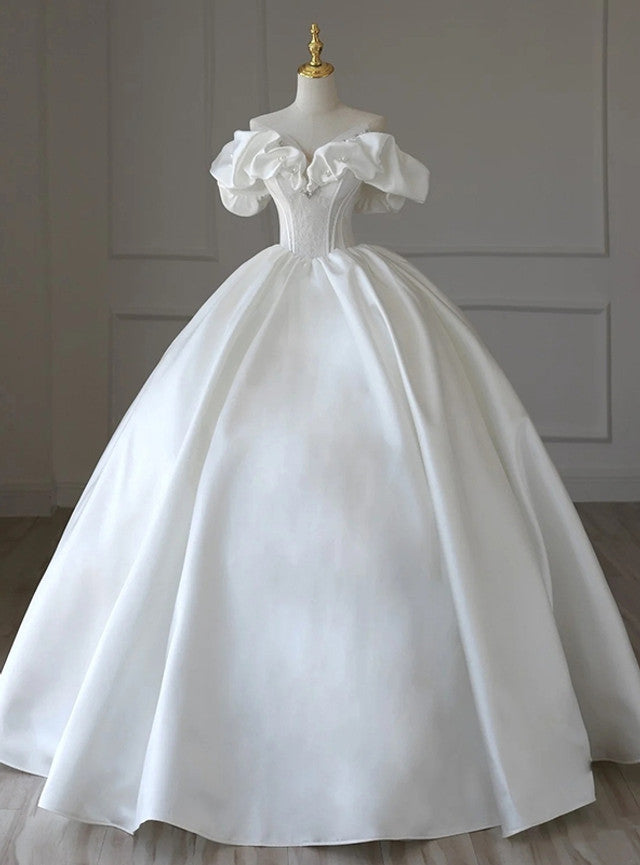 Ball Gown Satin Off the Shoulder Pearls Wedding Dress