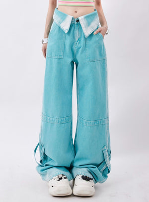 Lapel Blue High Waist Straight Wide-leg Jeans