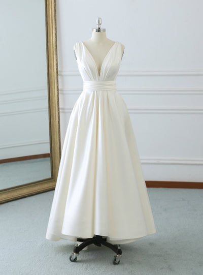 Ivory White Satin V-neck Backless Wedding Dress