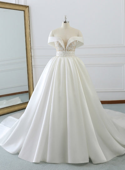 White Satin Off The Shoulder Appliques Wedding Dress