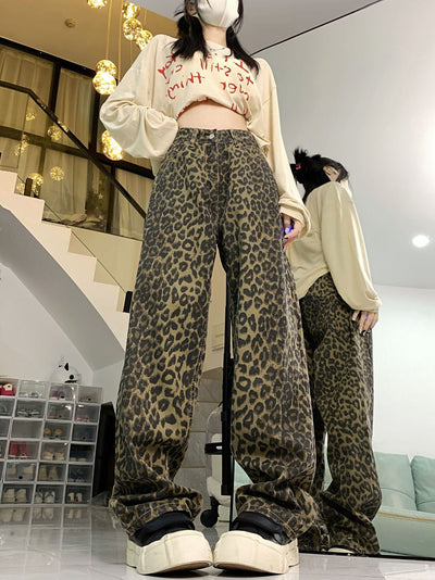 Retro Loose Straight Leopard Print Jeans