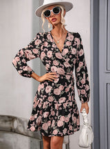 Vintage Lantern Sleeve V-neck Printed Dress