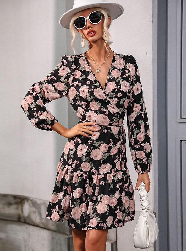 Vintage Lantern Sleeve V-neck Printed Dress