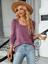 Solid Color Square Neck Loose Long Sleeve T-shirt