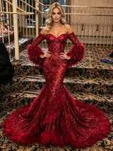 Burgundy Mermaid Sequins Long Sleeve Prom Dress