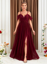 Burgundy Chiffon V-neck Pleats Prom Dress