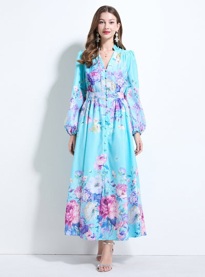 Fashion Printed Lantern Sleeve Dress