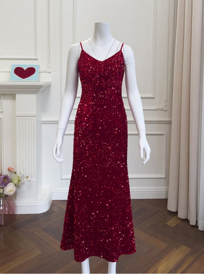 Sexy Red Sequins Straps Prom Dress