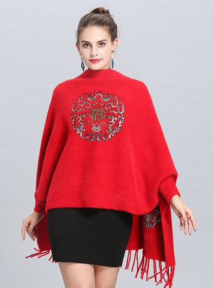 Embroidered Knitted Fringed Long Shawl