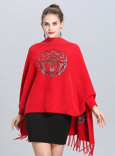 Embroidered Knitted Fringed Long Shawl