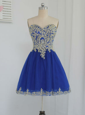 Royal Blue Tulle Appliques Beading Homecoming Dress