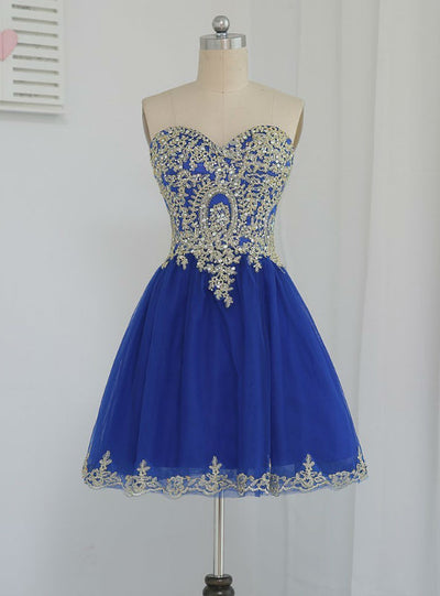 Royal Blue Tulle Appliques Beading Homecoming Dress