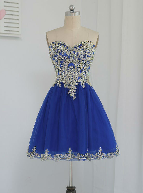 Royal Blue Tulle Appliques Beading Homecoming Dress