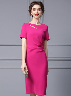 Fuchsia Short Sleeve Pleats Mother Of The Bride Dress
