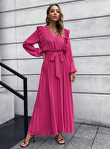 V-neck Pleated Long Sleeve Dress