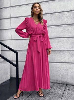 V-neck Pleated Long Sleeve Dress