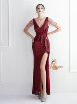 Sequins V-neck Beading Split Prom Dress