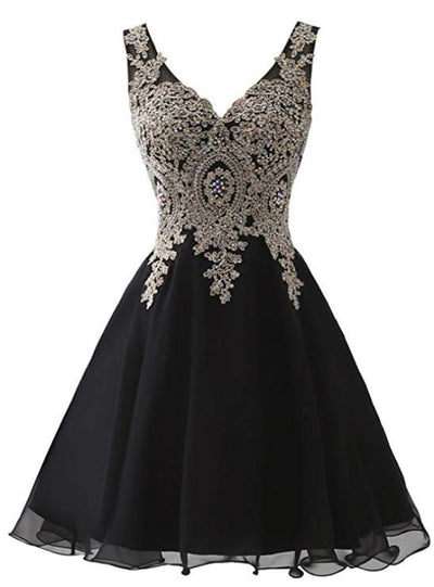 Black Chiffon V-neck Appliques Homecoming Dress