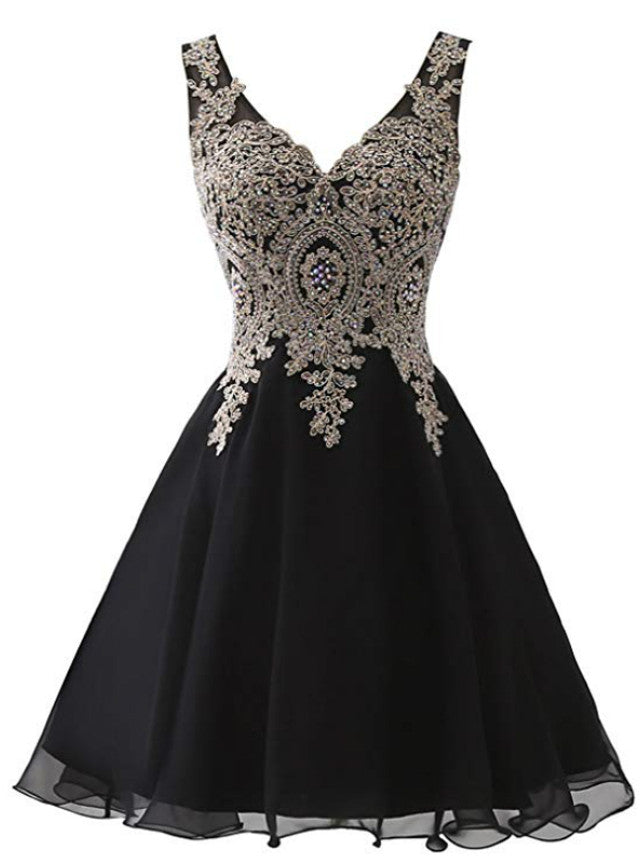 Black Chiffon V-neck Appliques Homecoming Dress