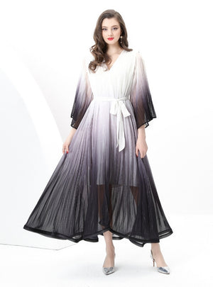 Loose V-neck Flared Sleeve Gradient Dress